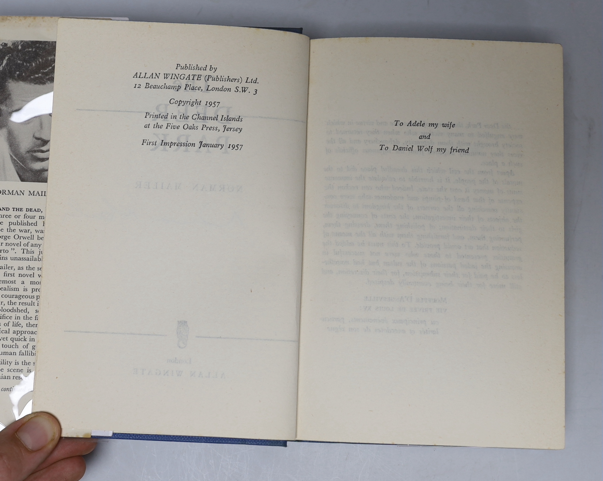 Mailer, Norman - The Deer Park, 1st UK edition, 1st impression, signed by the author to title, publisher’s French blue cloth in unclipped d/j, Allan Wingate, London, 1957